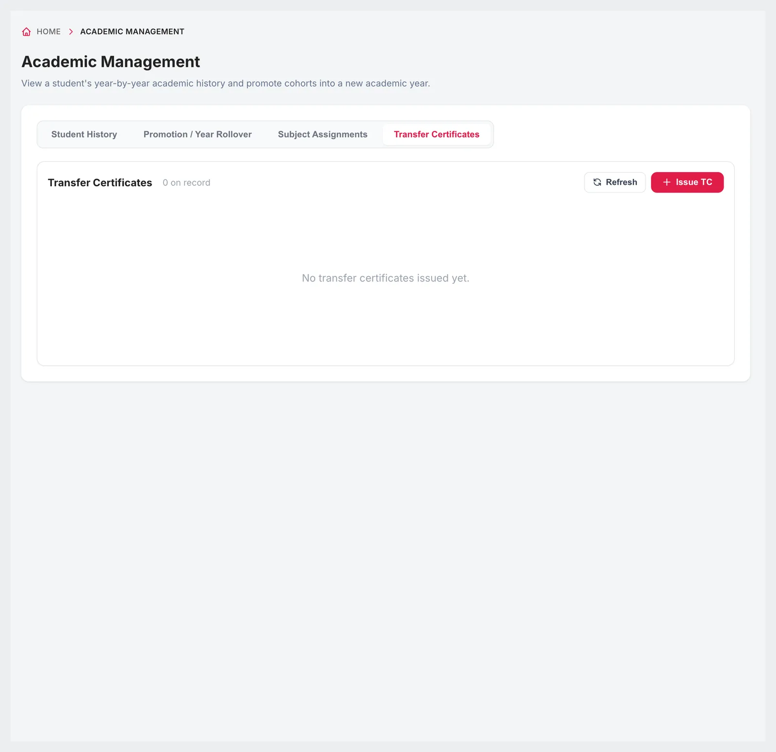 Transfer Certificates tab with the Issue TC action