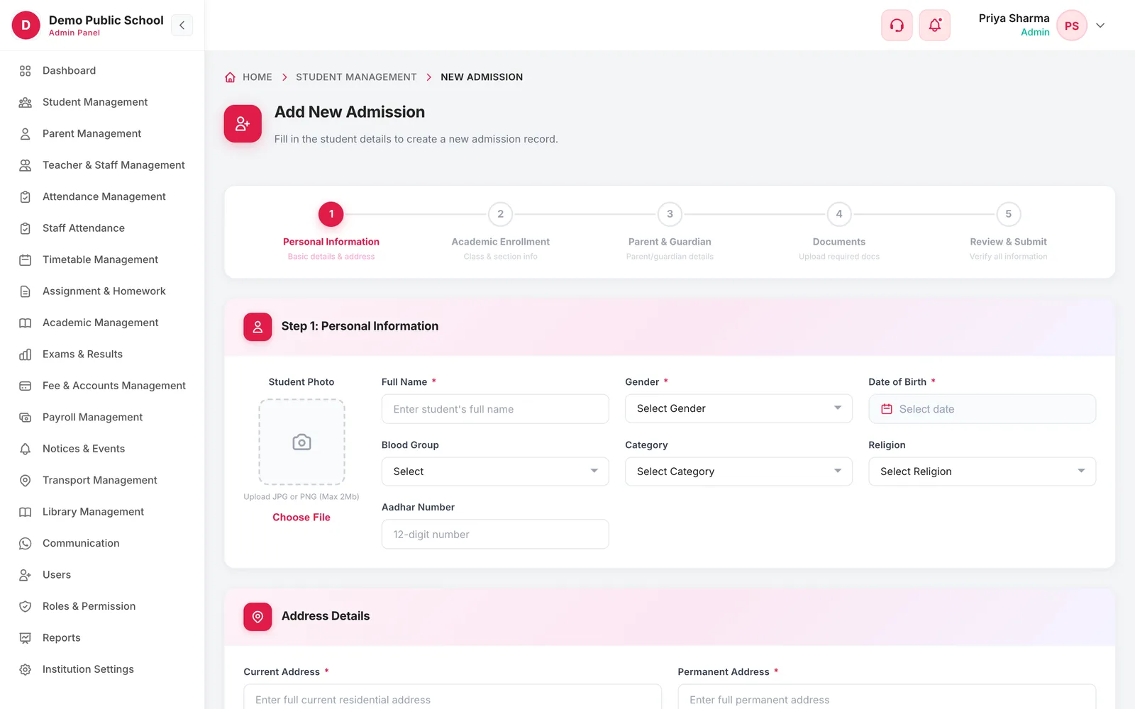 Add New Admission screen with a five-step progress bar
