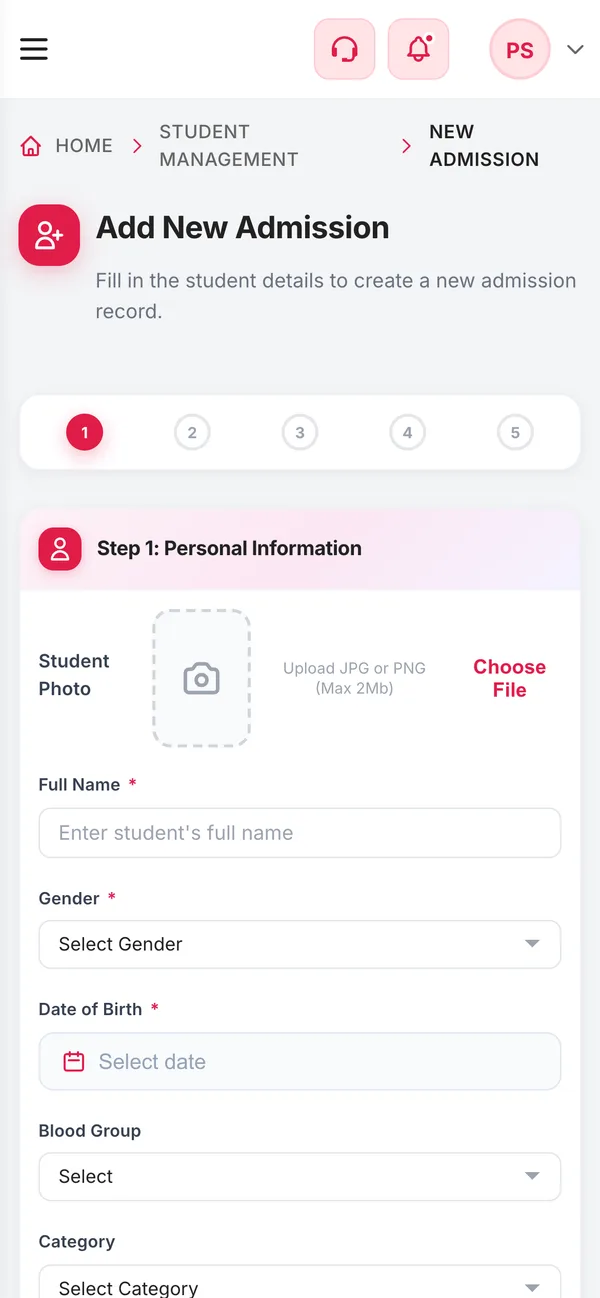 The admission form on a phone