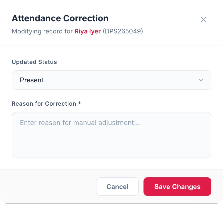 Attendance Correction dialog with updated status and a required reason for the correction