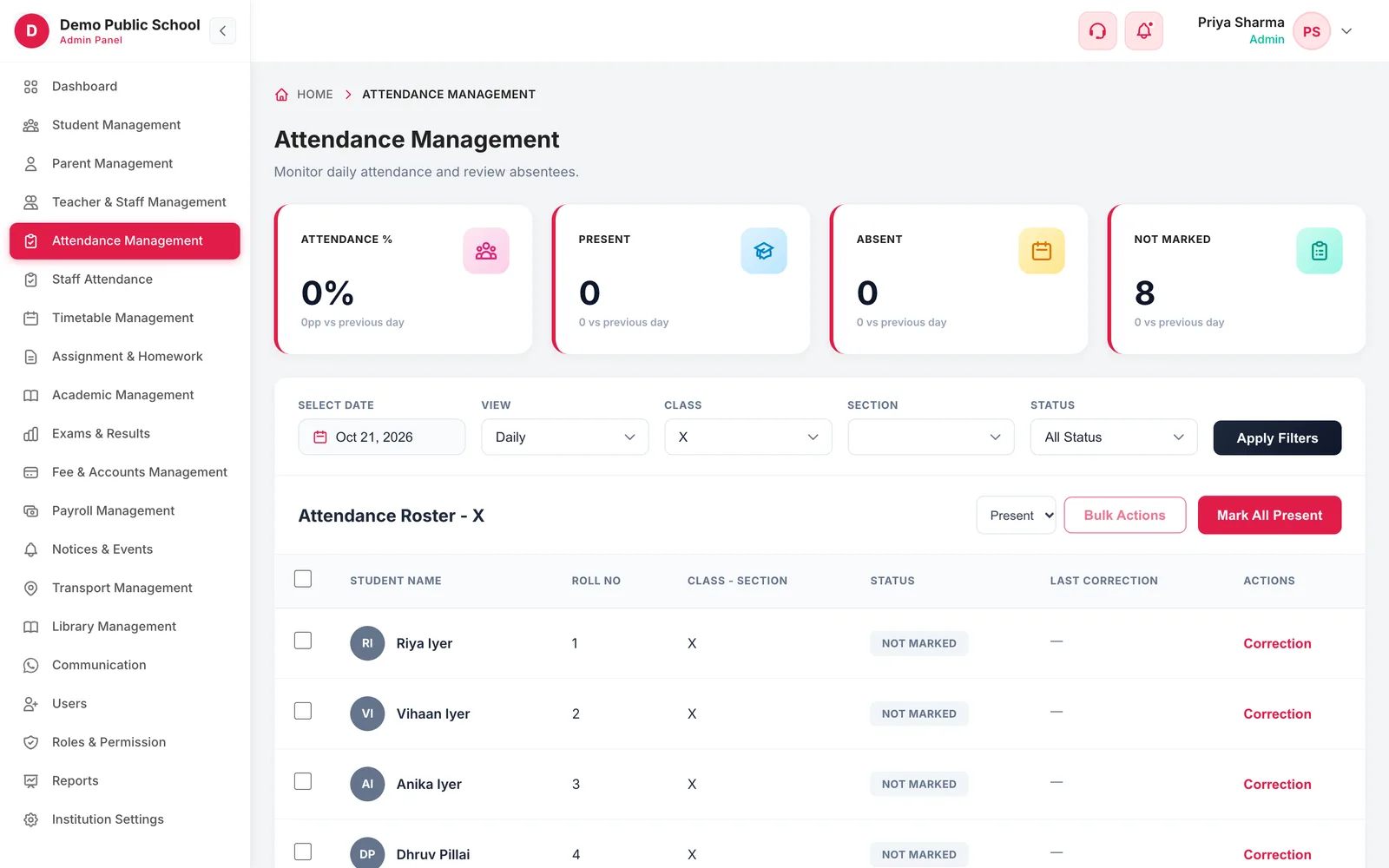 Attendance Management with attendance percentage, present, absent and not-marked totals and the class roster