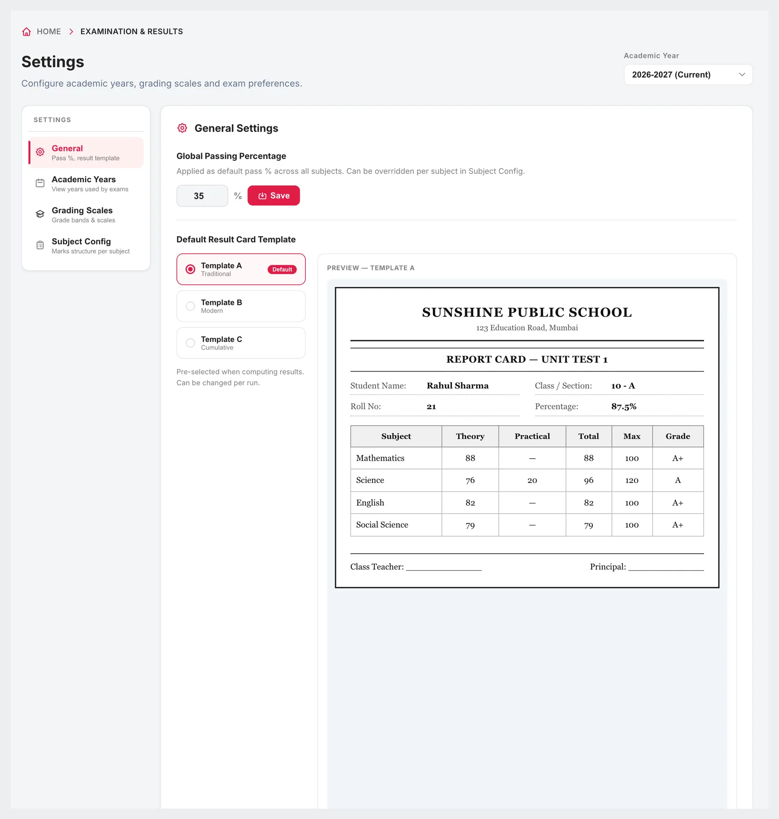 Exam Settings with global passing percentage, default result card templates and a template preview