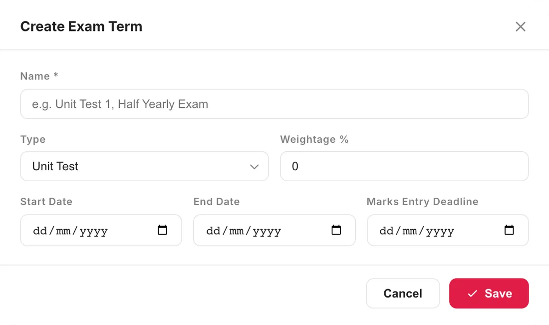 Create Exam Term dialog with name, type, weightage, start date, end date and marks entry deadline