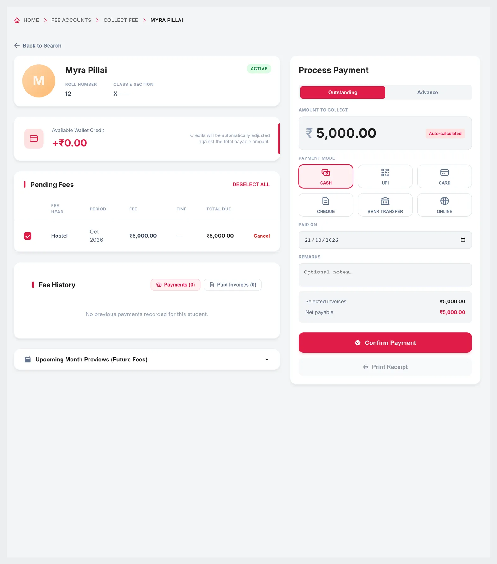 Collect Fee screen with pending fees, wallet credit, payment modes and confirm payment