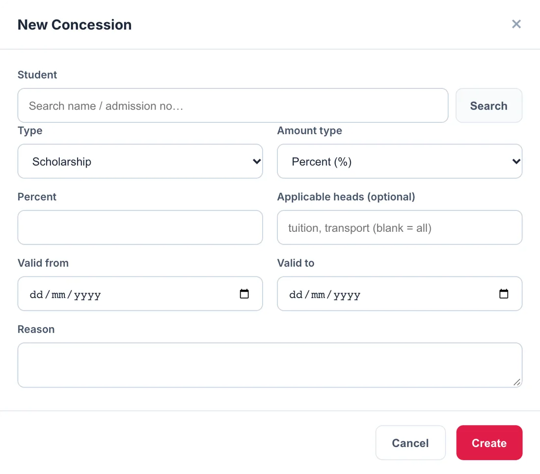 New Concession dialog with student, type, amount type, applicable heads, validity and reason