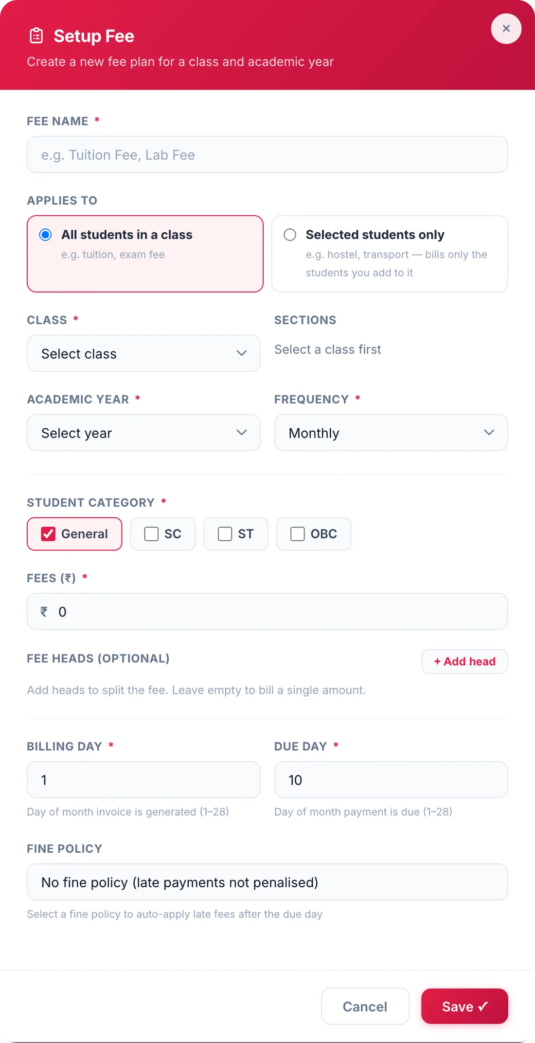 Setup Fee dialog with applies-to, class, sections, academic year, frequency, student category, fee heads, billing day, due day and fine policy