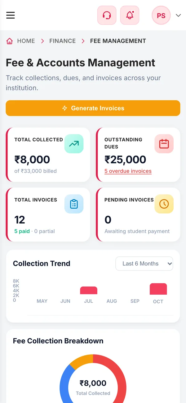 Fee & Accounts Management on a phone