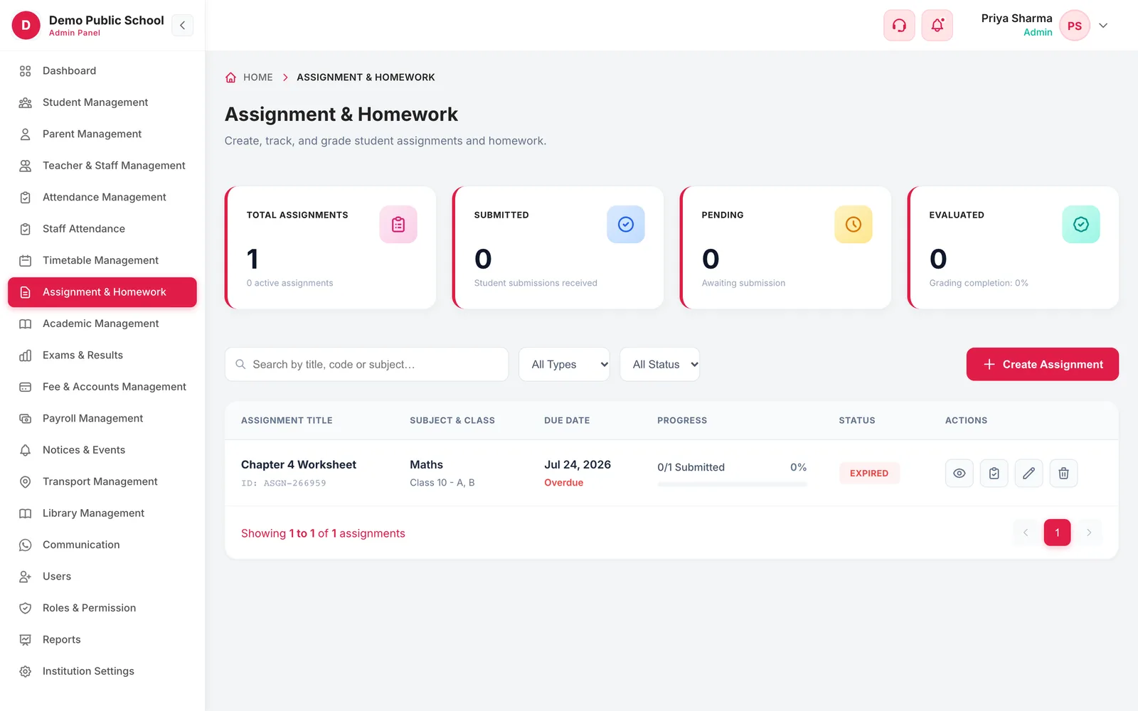 Assignment & Homework list with totals for assignments, submitted, pending and evaluated