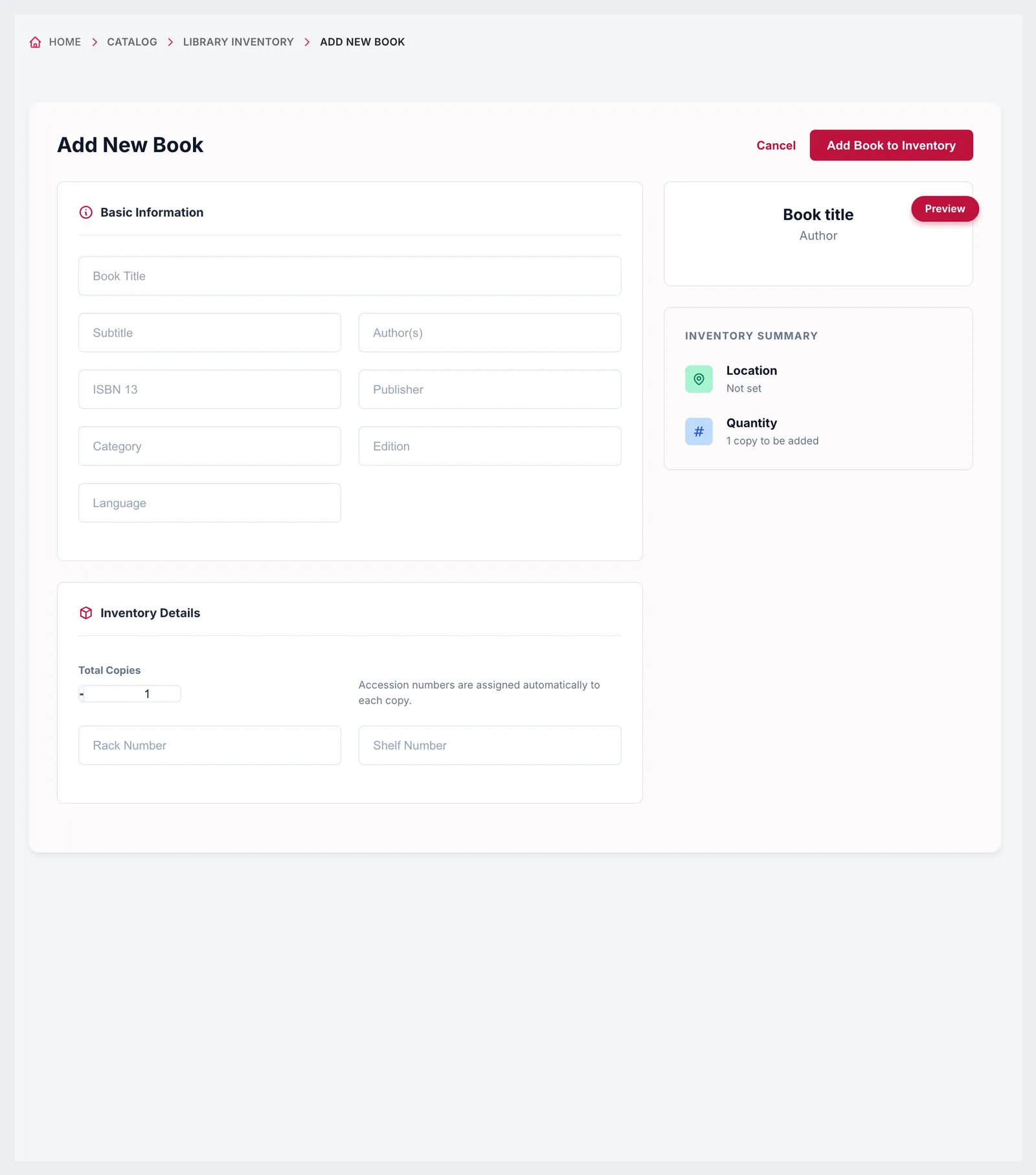 Add New Book form with basic information, inventory details, total copies and automatic accession numbers