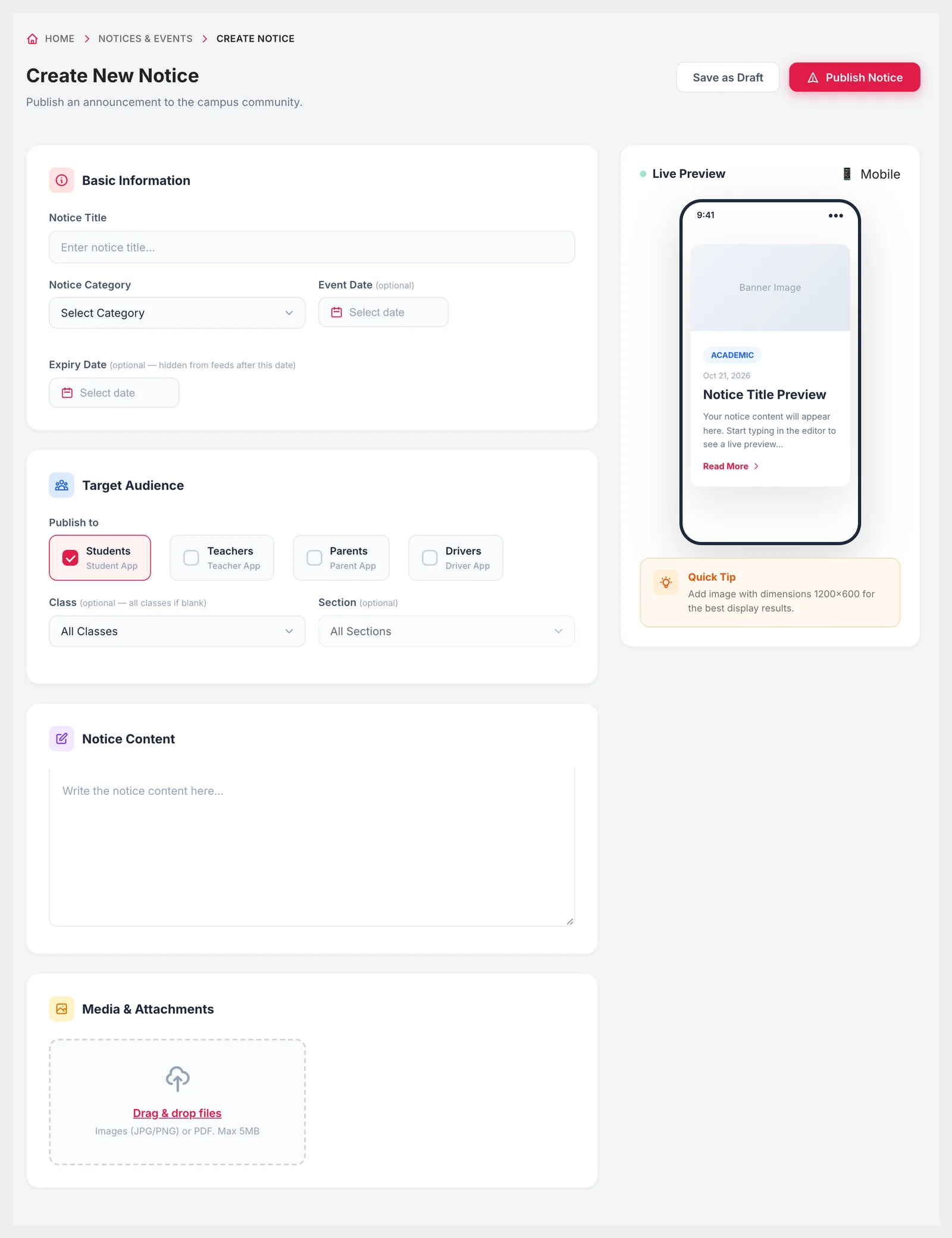 Create New Notice form with category, event and expiry dates, target audience, class and section, attachments and a live mobile preview