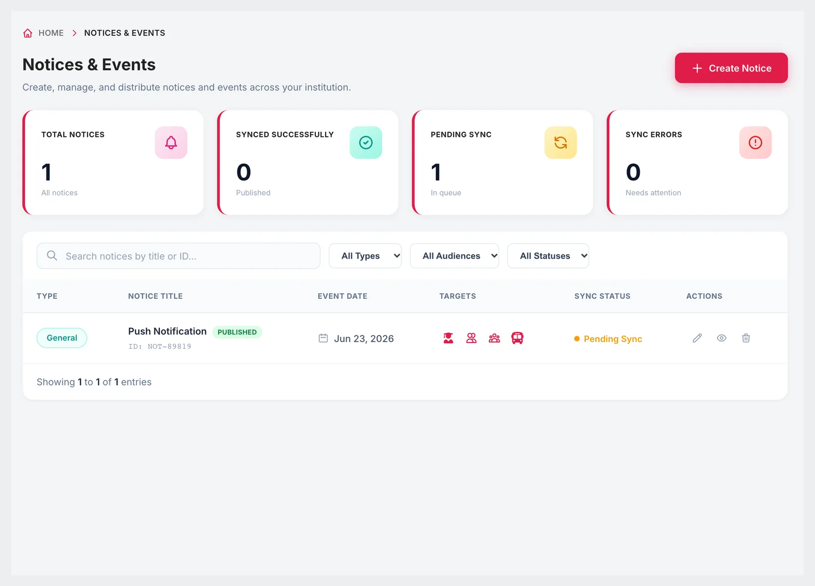 Notice list with type, title, event date, targets, sync status and actions