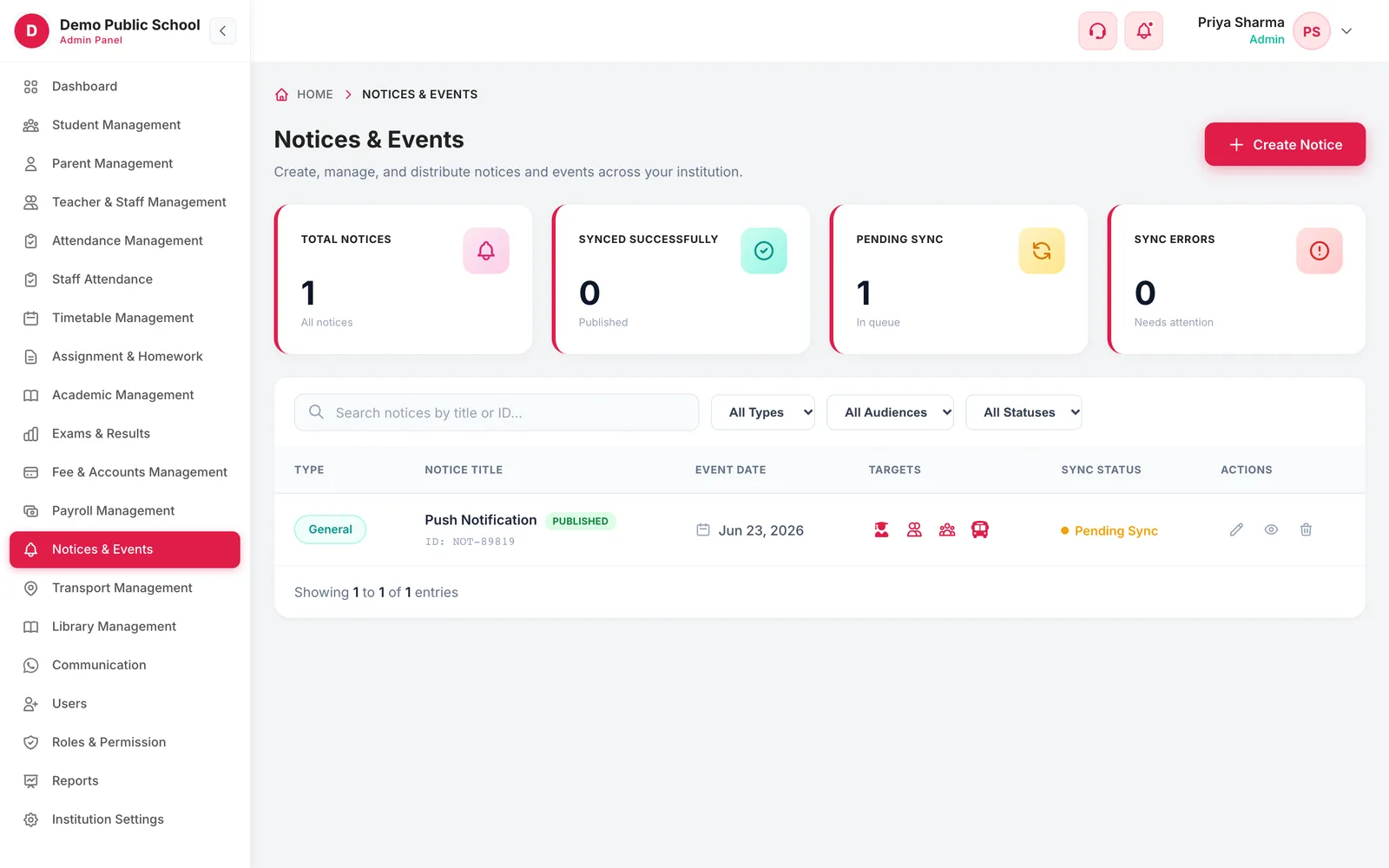 Notices & Events list with totals for notices, synced, pending sync and sync errors