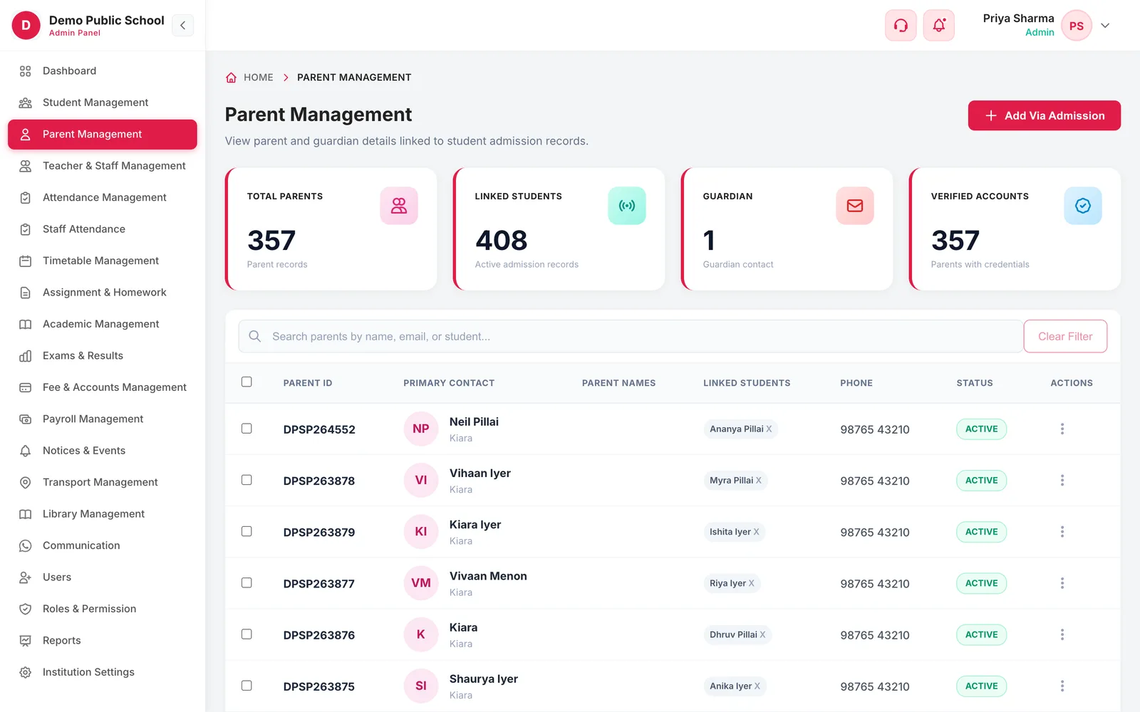 Parent Management directory with totals, search, linked students, phone and status