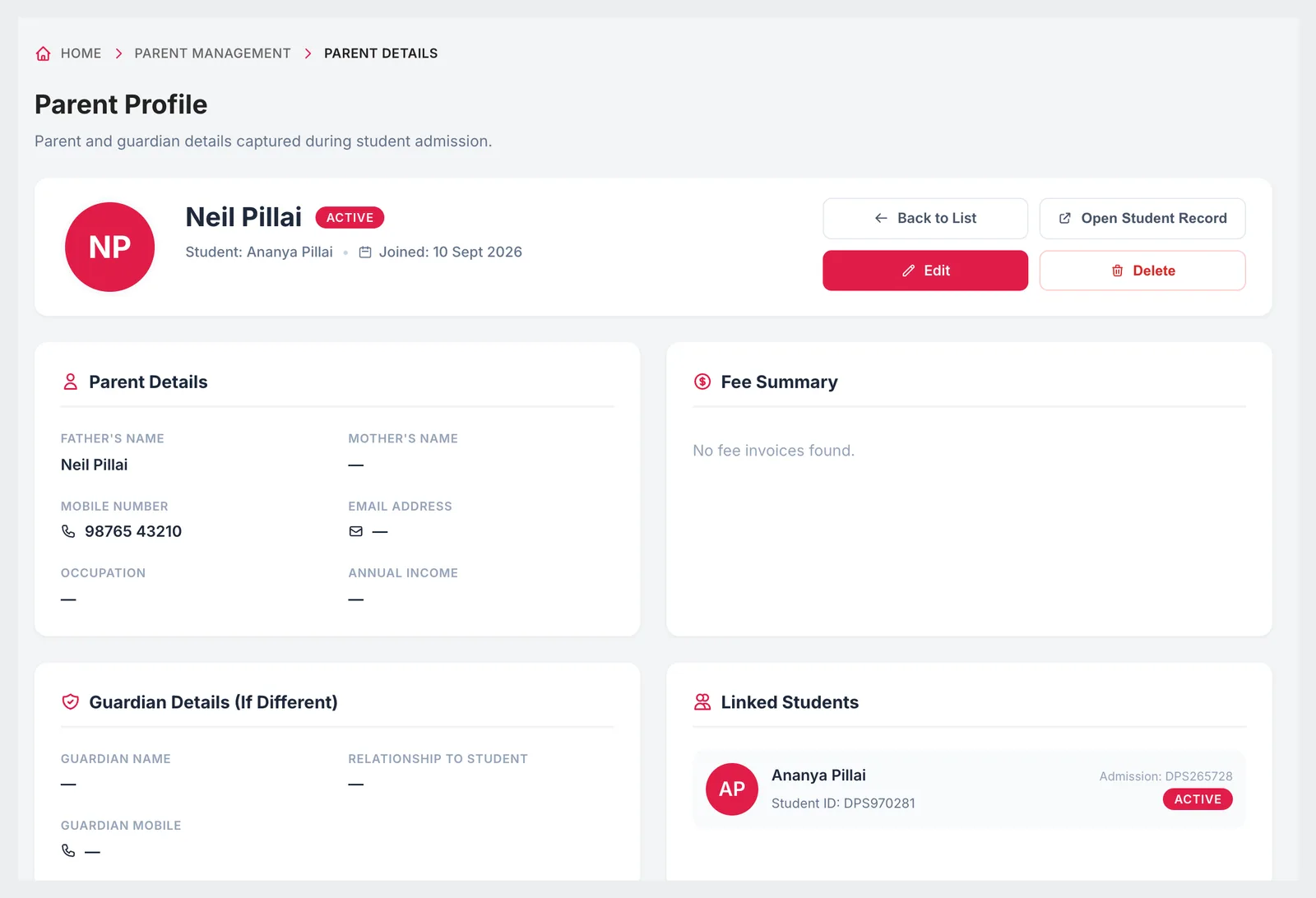 Parent profile with parent details, fee summary, guardian details and linked students