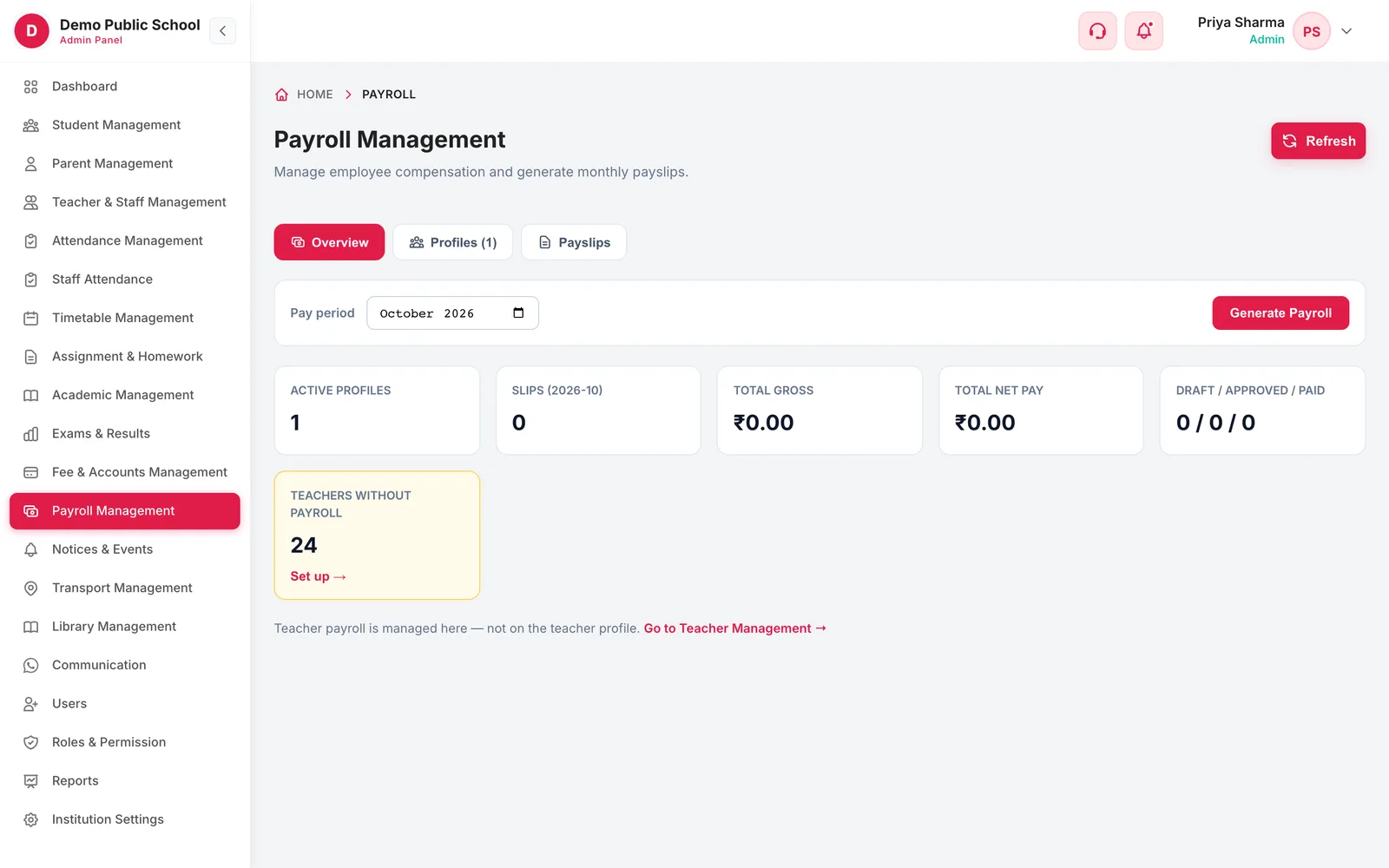 Payroll Management overview with active profiles, slips for the period, total gross, total net pay and teachers without payroll