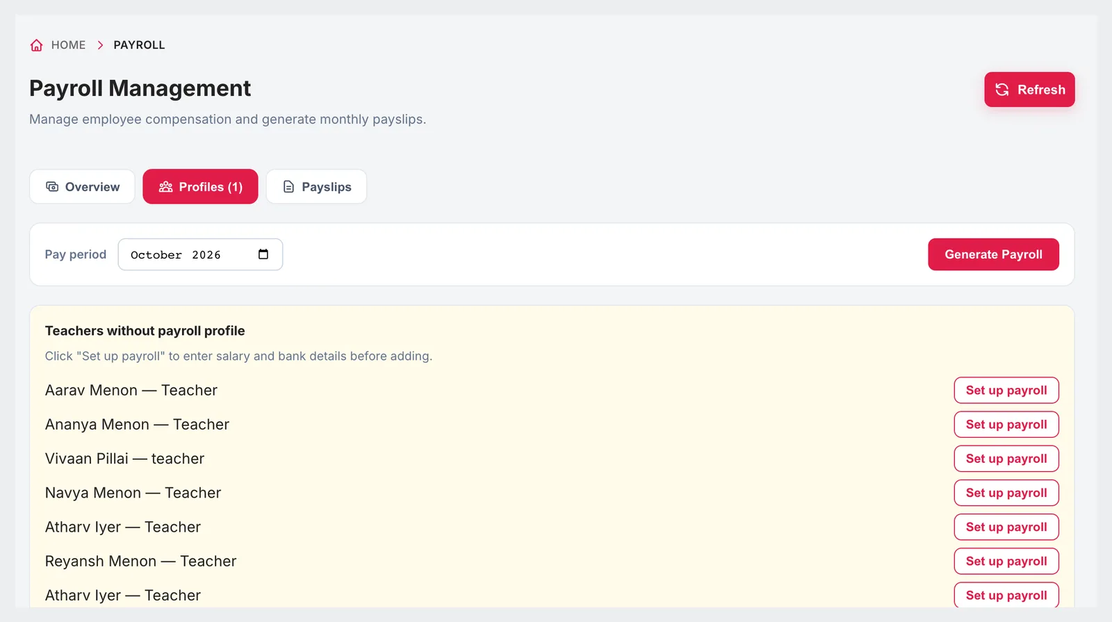 Payroll profiles tab listing teachers without a payroll profile, each with a Set up payroll button