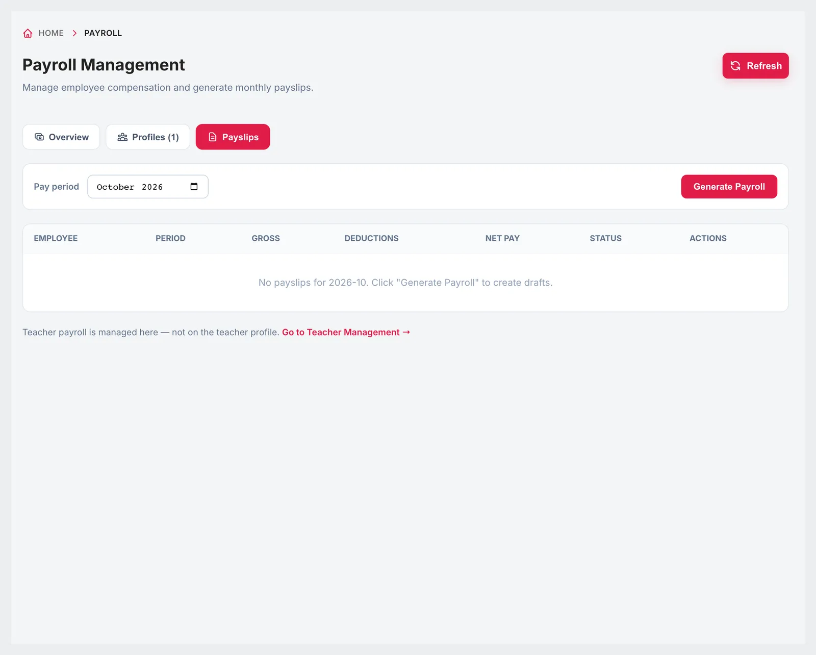 Payslips tab with employee, period, gross, deductions, net pay, status and actions columns