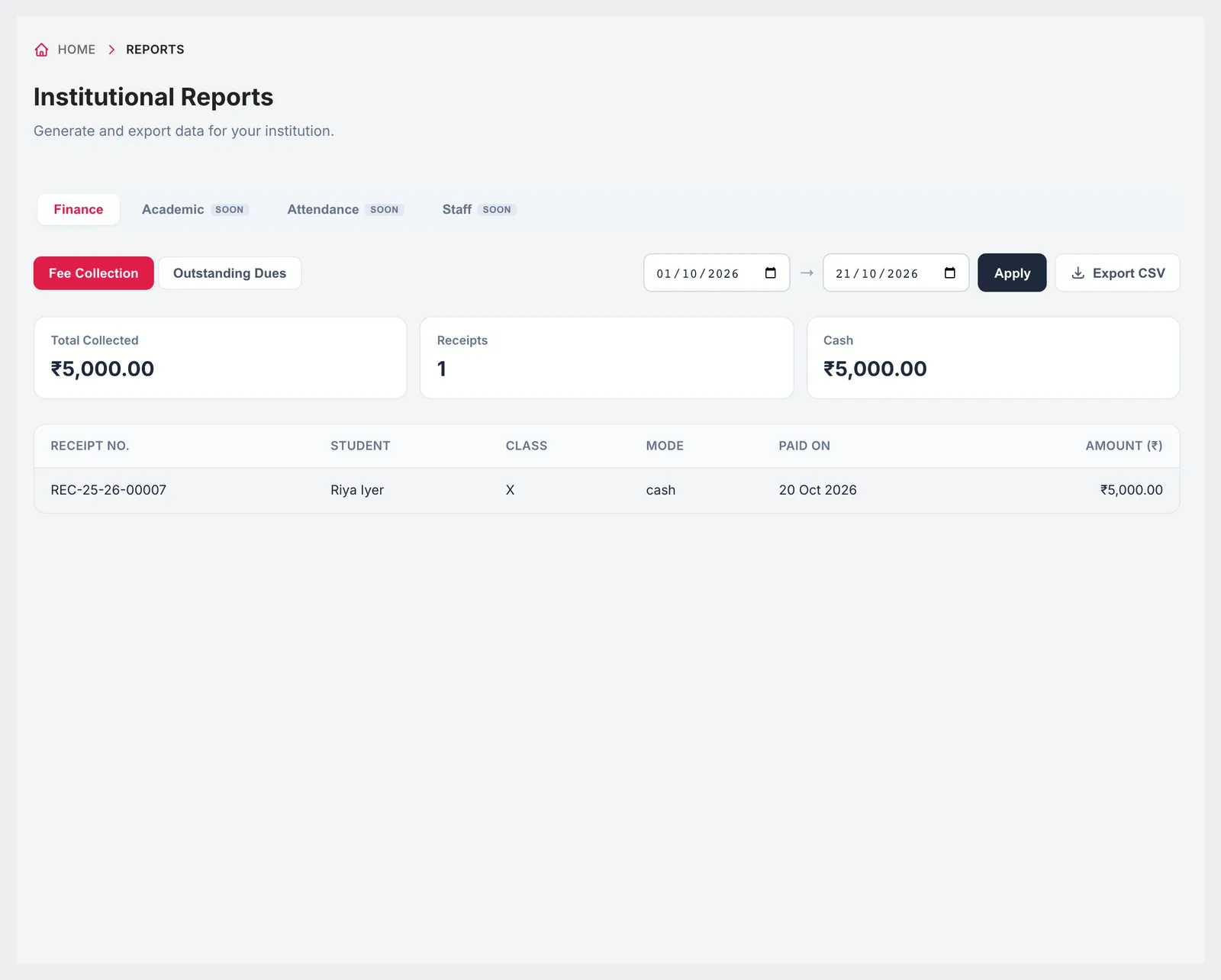 Fee Collection report with date range, total collected, receipts, totals by mode and receipt list