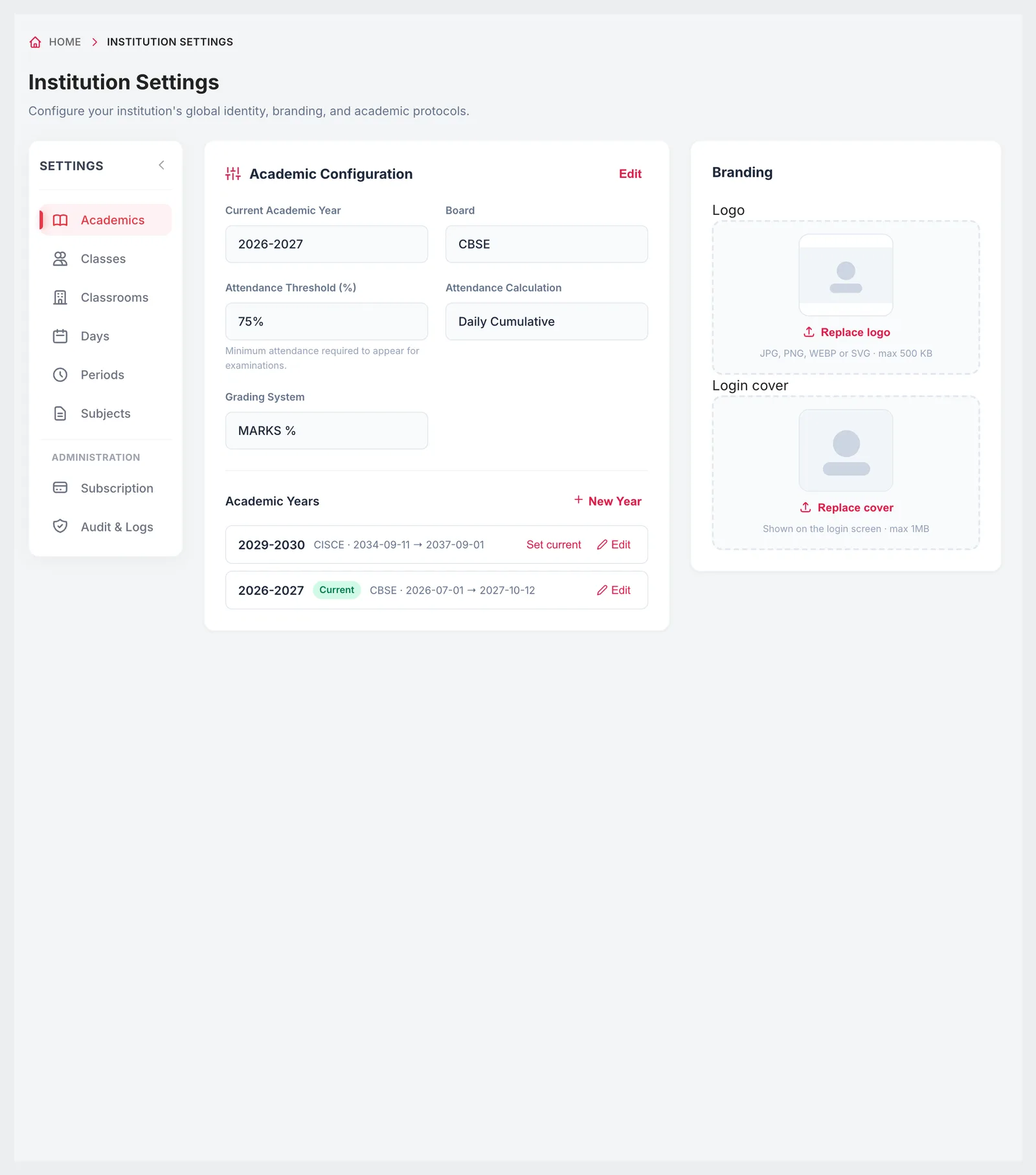 Academic Configuration with current academic year, board, attendance threshold, grading system, academic years and branding
