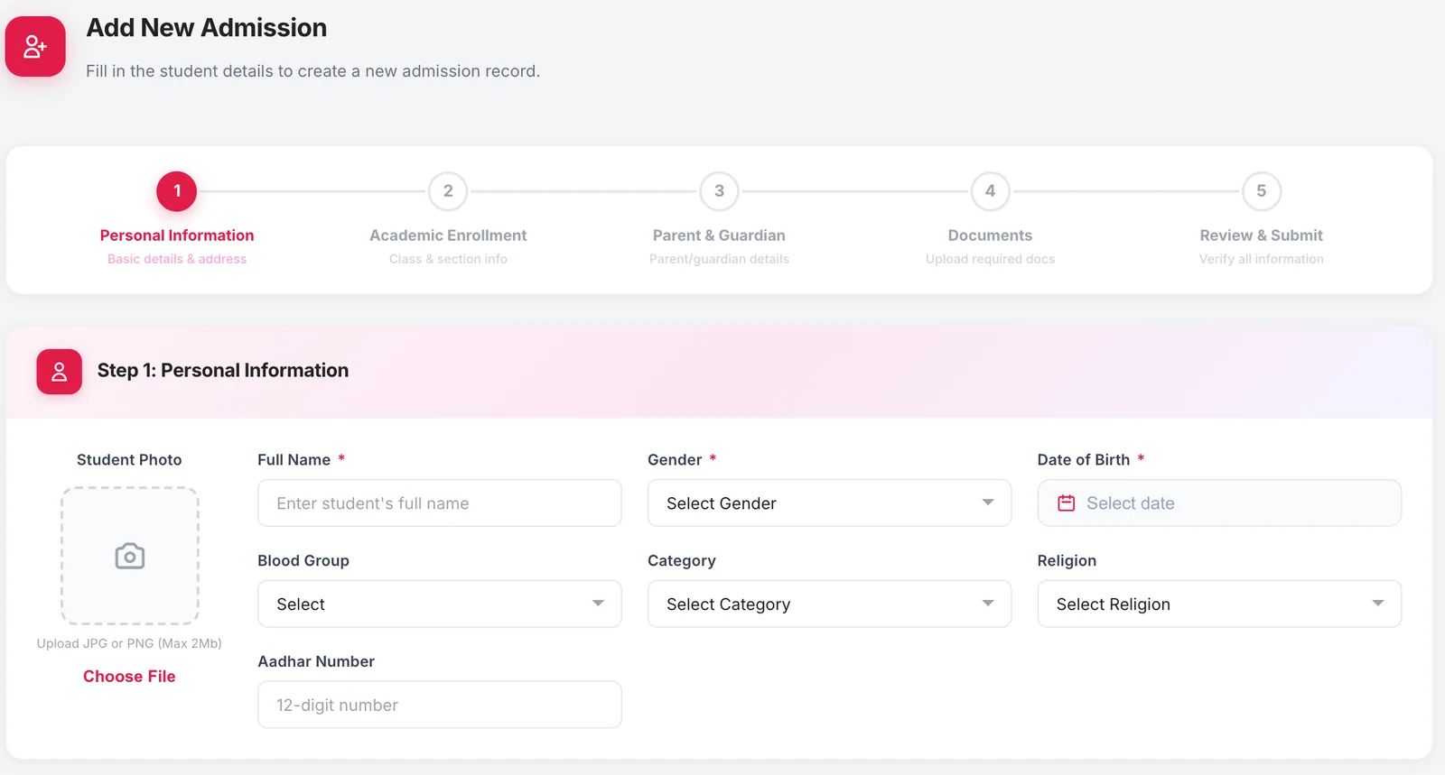 Add New Admission form with a five-step progress bar and the personal information step