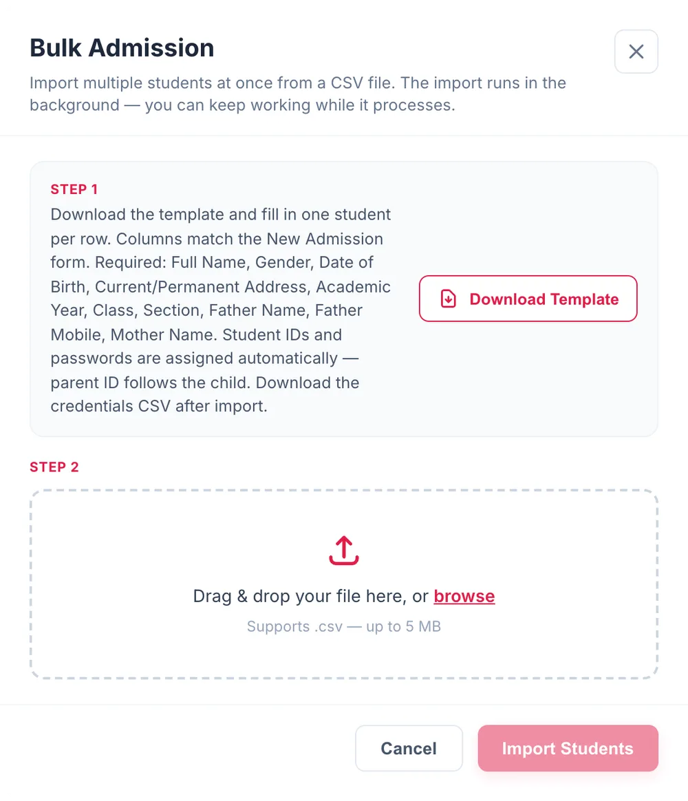 Bulk Admission dialog with a template download step and a CSV upload area