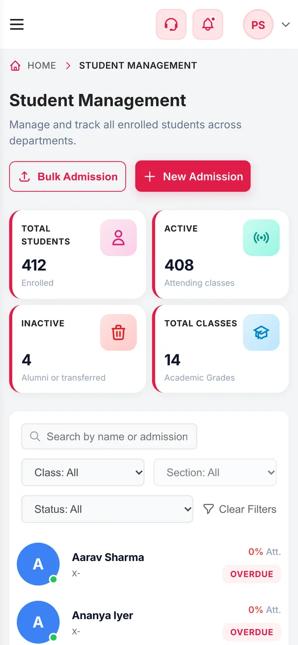 The same student directory on a phone, shown as cards