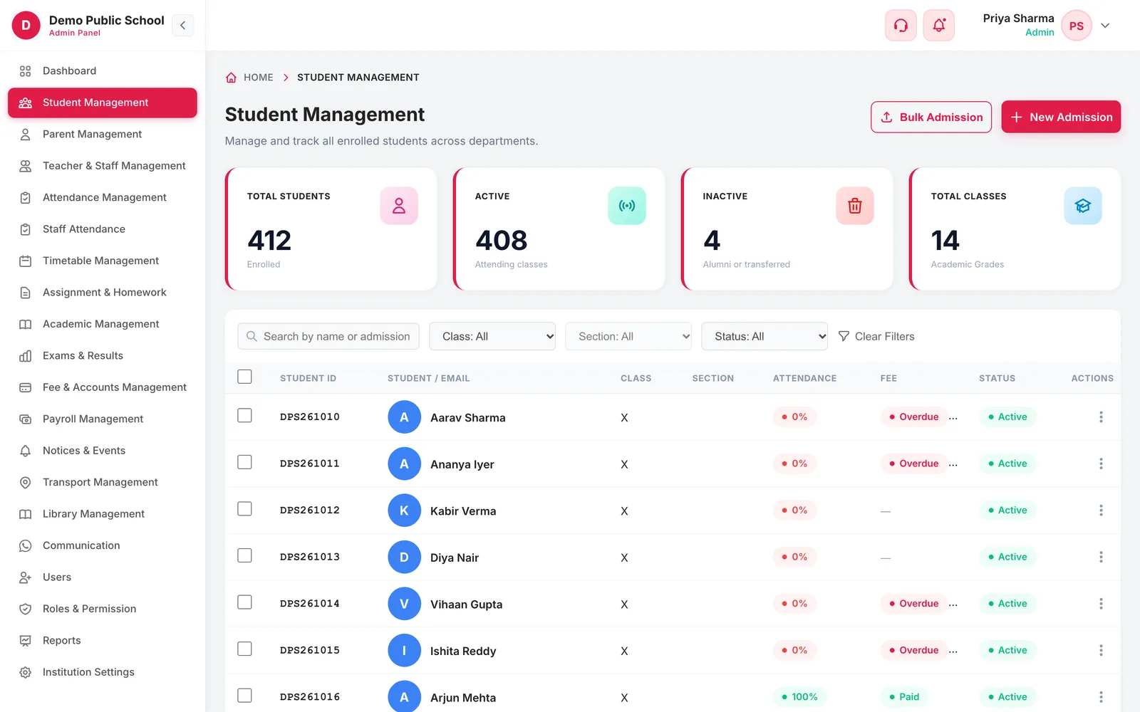 Campus 24x7 student directory with search, class, section and status filters, and attendance and fee status for each student