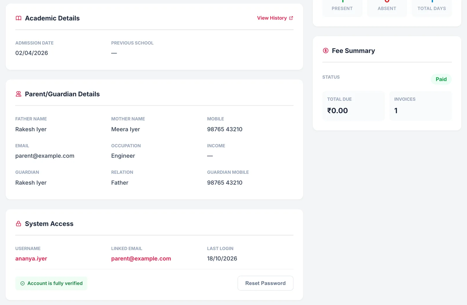 Academic details, parent and guardian details, and system access with username, linked email, last login and password reset