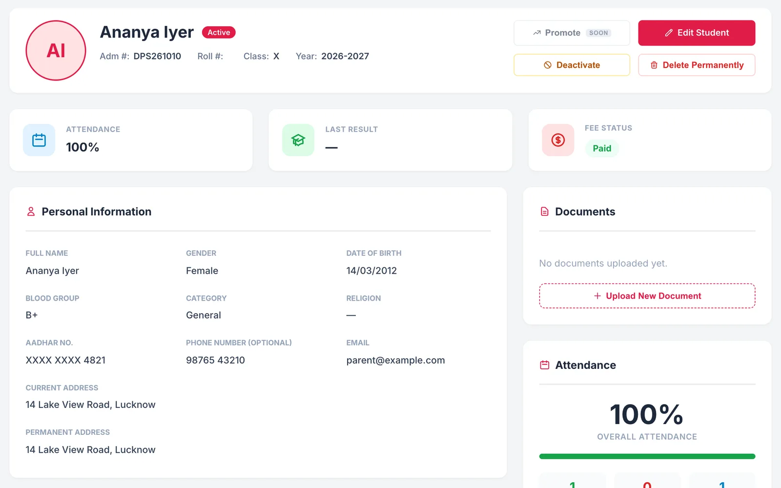 Student profile showing attendance, last result and fee status cards, personal information, documents and attendance summary