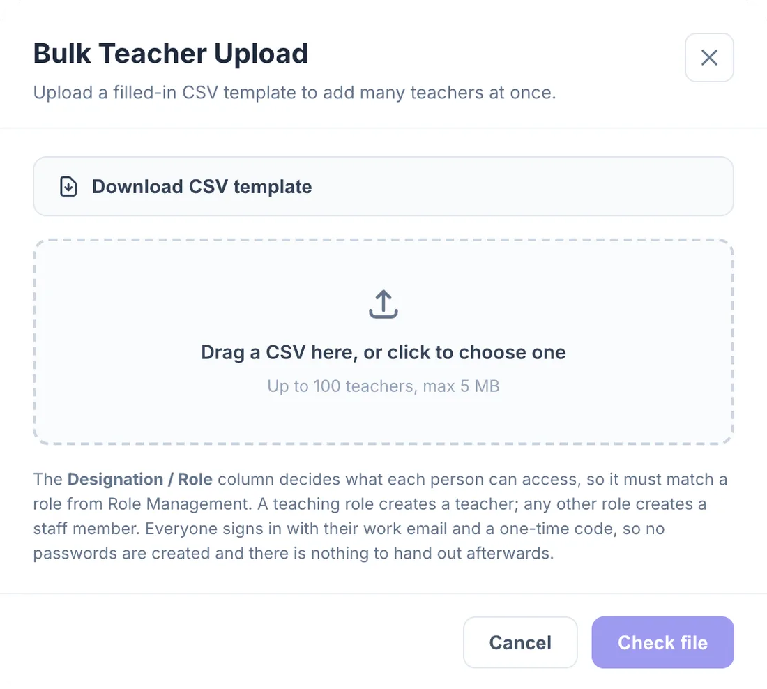Bulk Teacher Upload dialog with template download and CSV upload