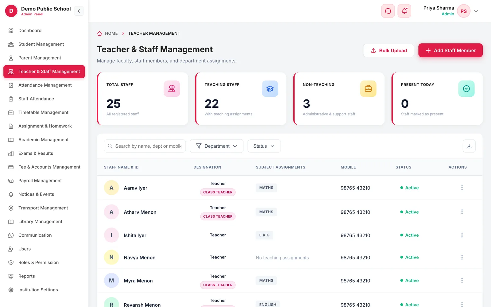Teacher and Staff Management directory with staff totals, designations, subject assignments and status