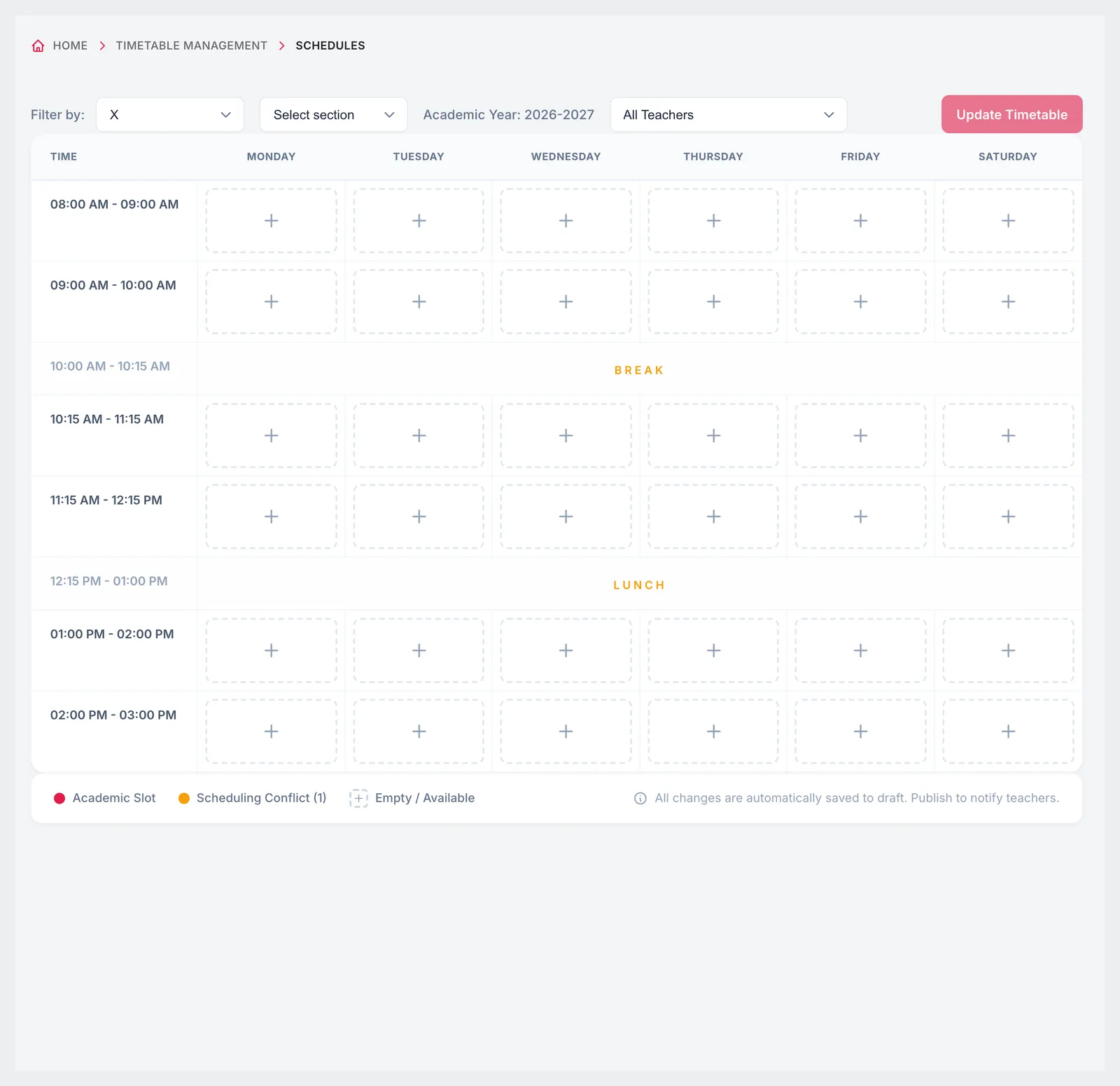 Schedules view filtered by class and teacher, with a legend for academic slots, conflicts and free periods