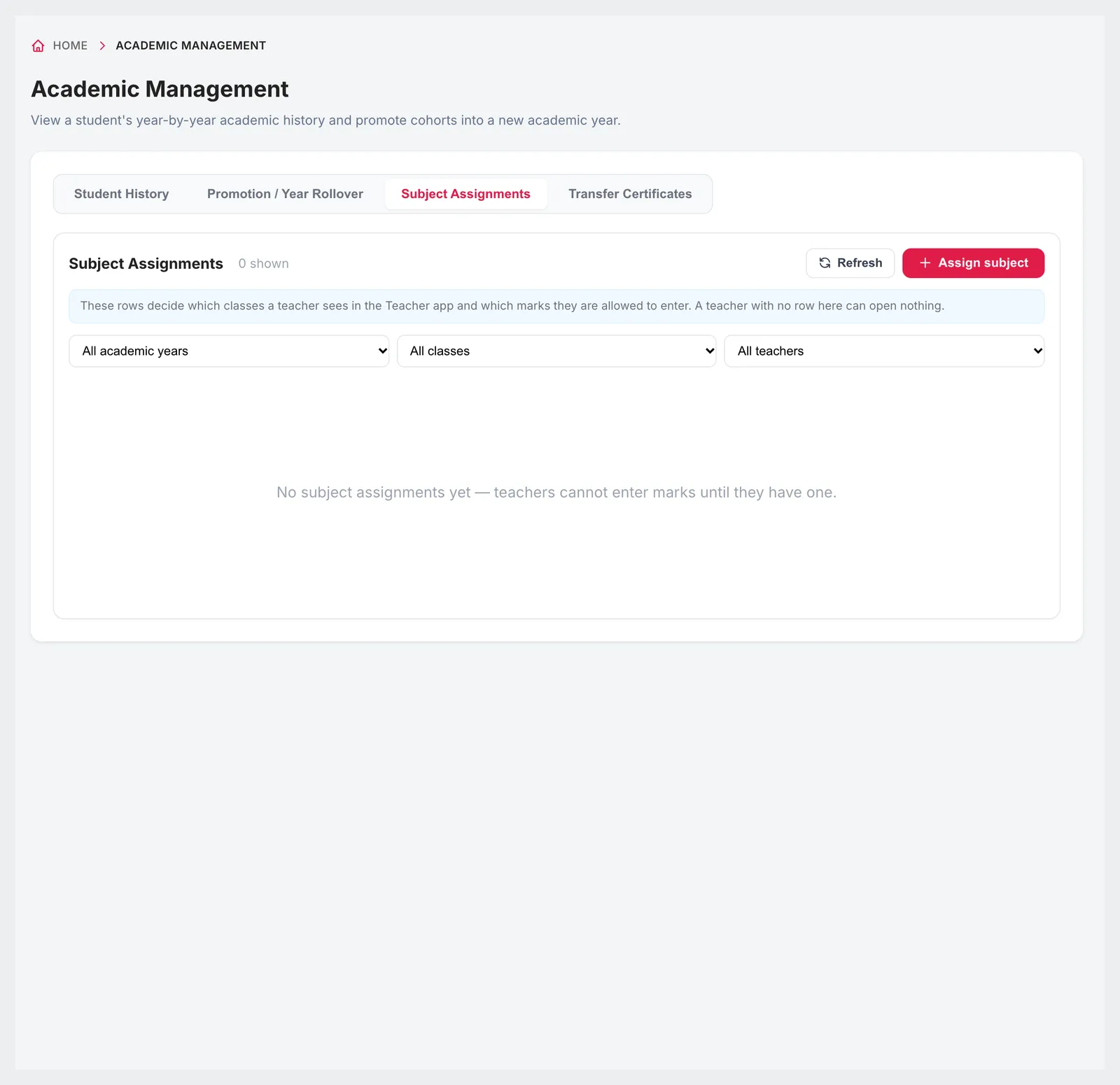 Subject Assignments list with academic year, class and teacher filters
