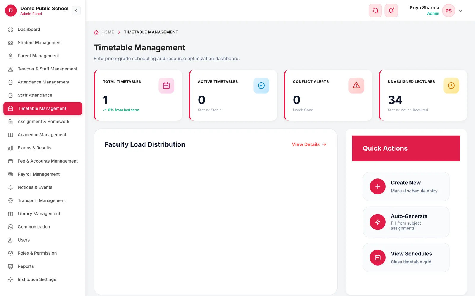 Timetable Management dashboard with totals, conflict alerts, unassigned lectures, quick actions and room utilization