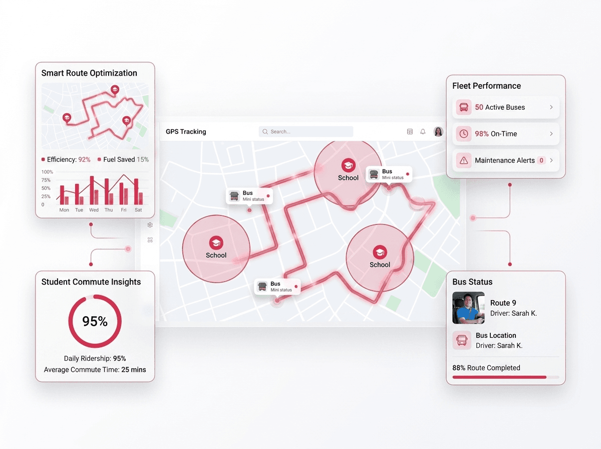 School transport management dashboard with GPS tracking, parent alerts, and bus attendance