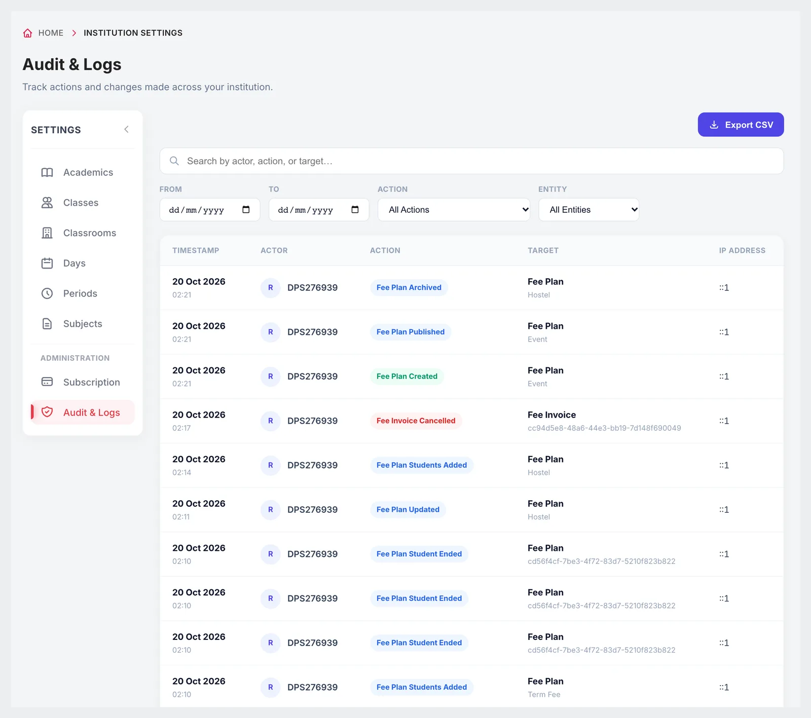 Audit & Logs with date range and action filters and export CSV