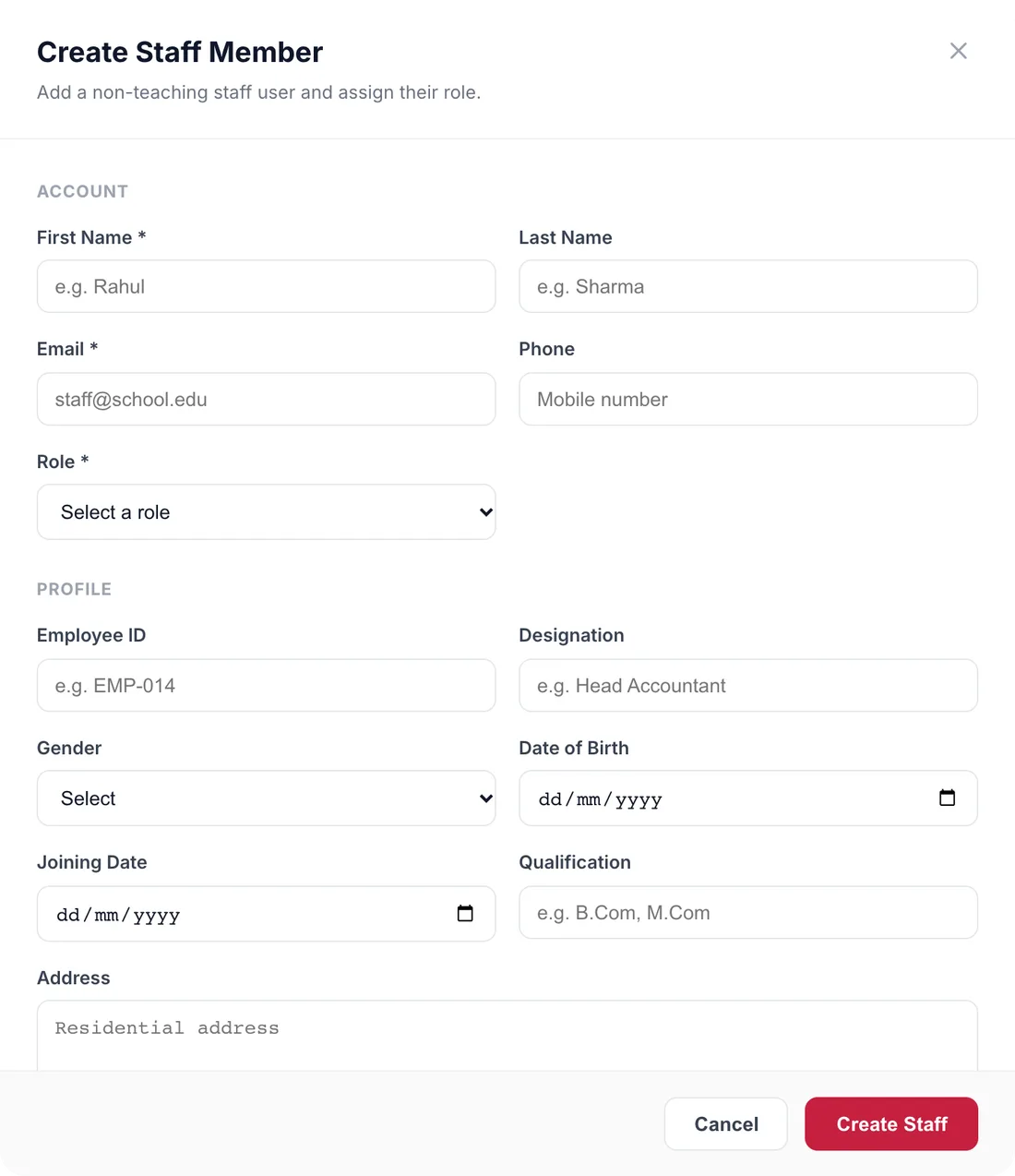 Create Staff Member dialog with account details, role, employee ID, designation, gender, date of birth, joining date, qualification and address