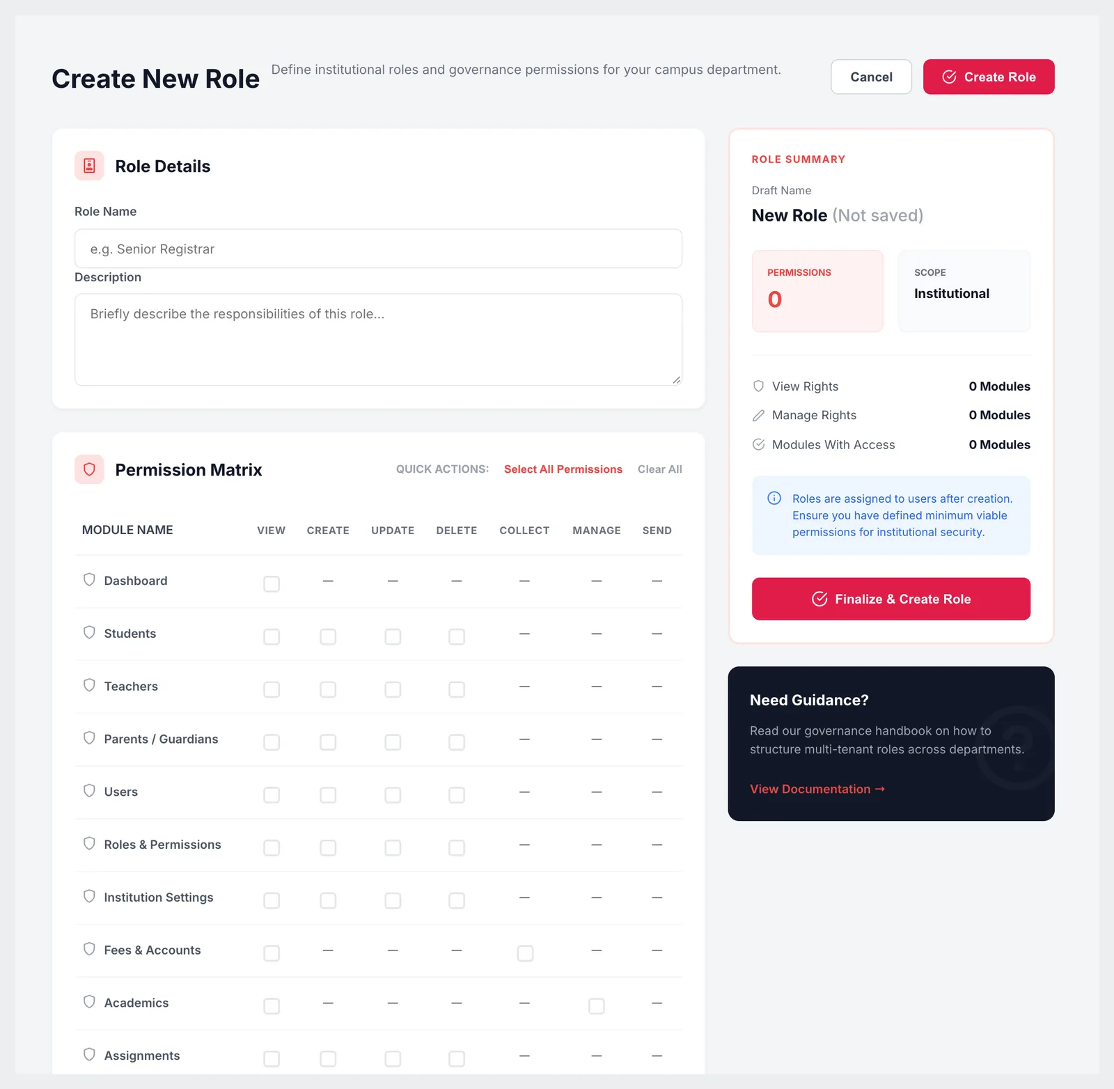 Create New Role with role details and a permission matrix of modules against view, create, update, delete, collect, manage and send