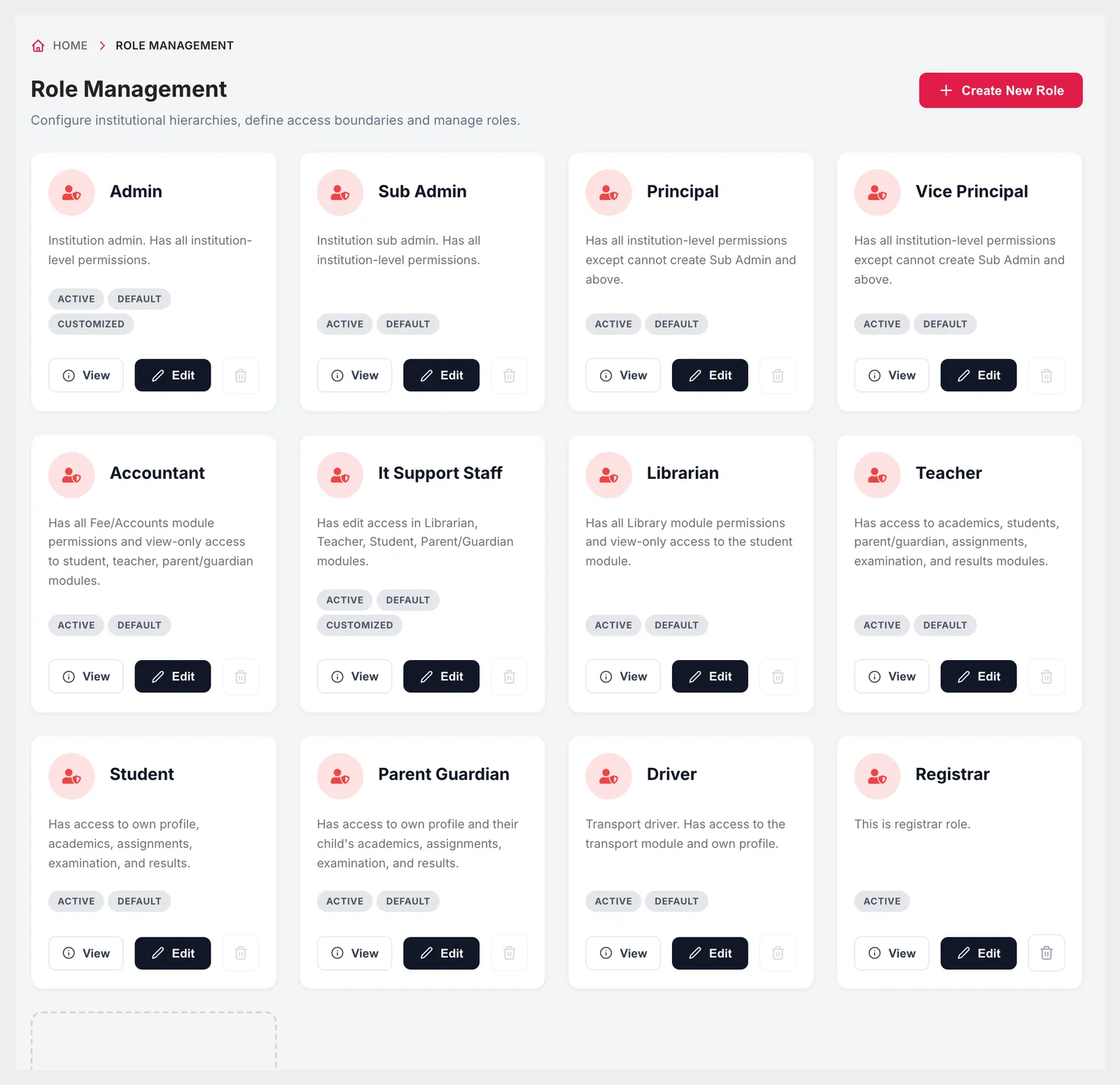 Role Management with role cards for admin, sub admin, principal, vice principal, accountant, IT support staff, librarian, teacher, student, parent guardian, driver and registrar