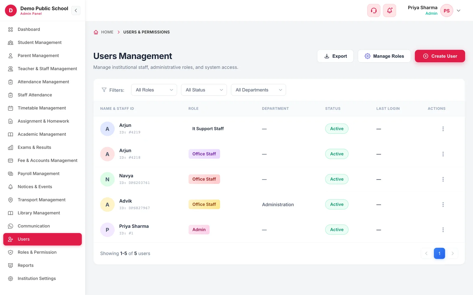 Users Management with filters by role, status and department and a list of staff users with role, department and status