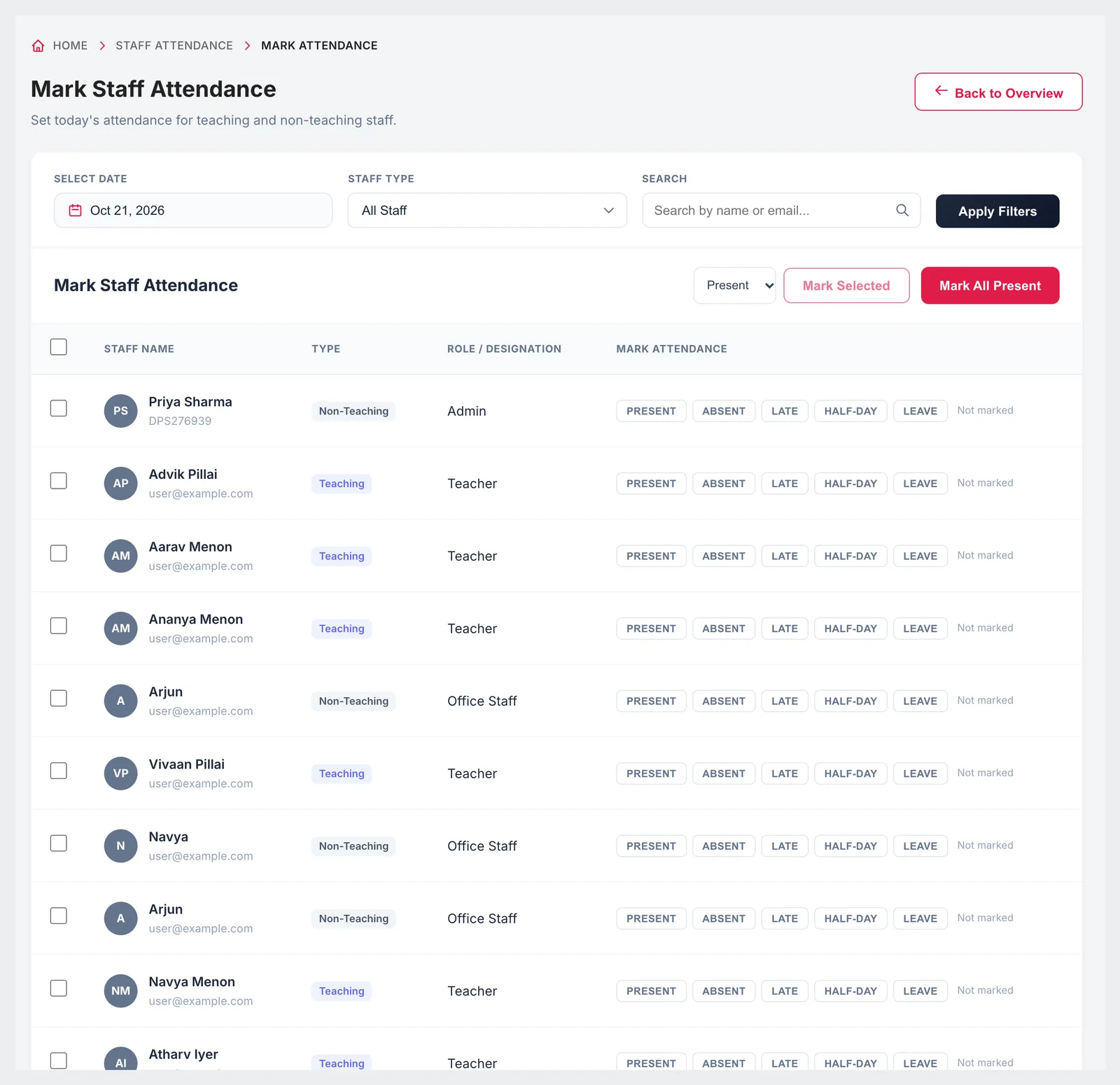 Mark Staff Attendance page with present, absent, late, half-day and leave buttons for each staff member