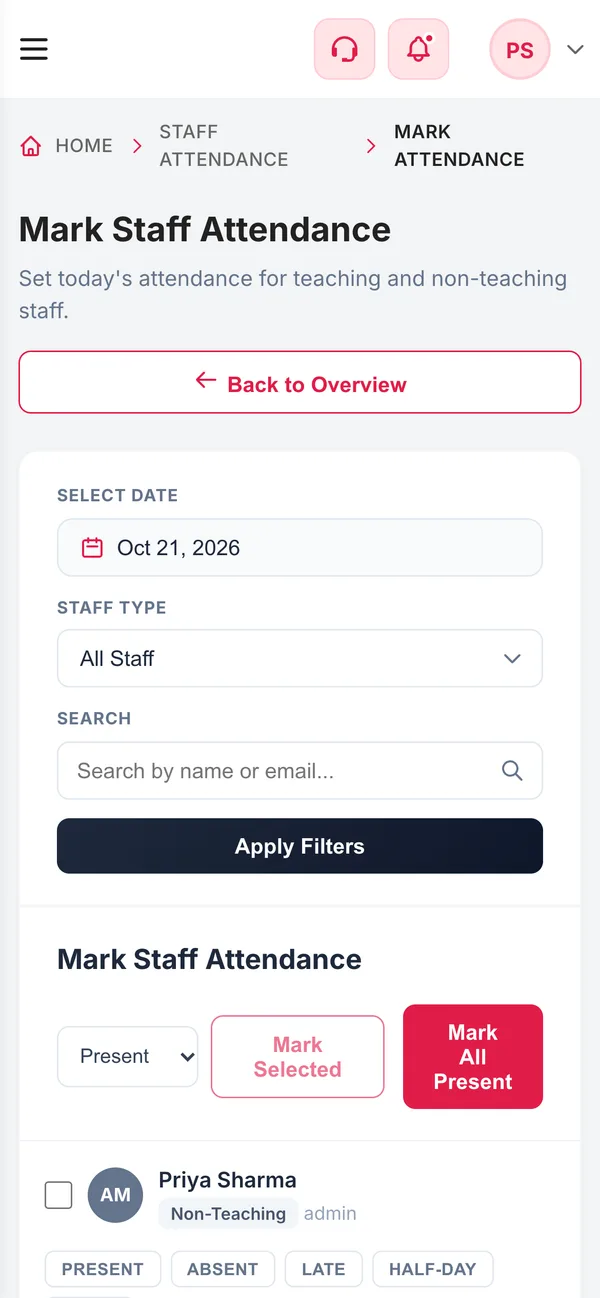 Staff Attendance on a phone