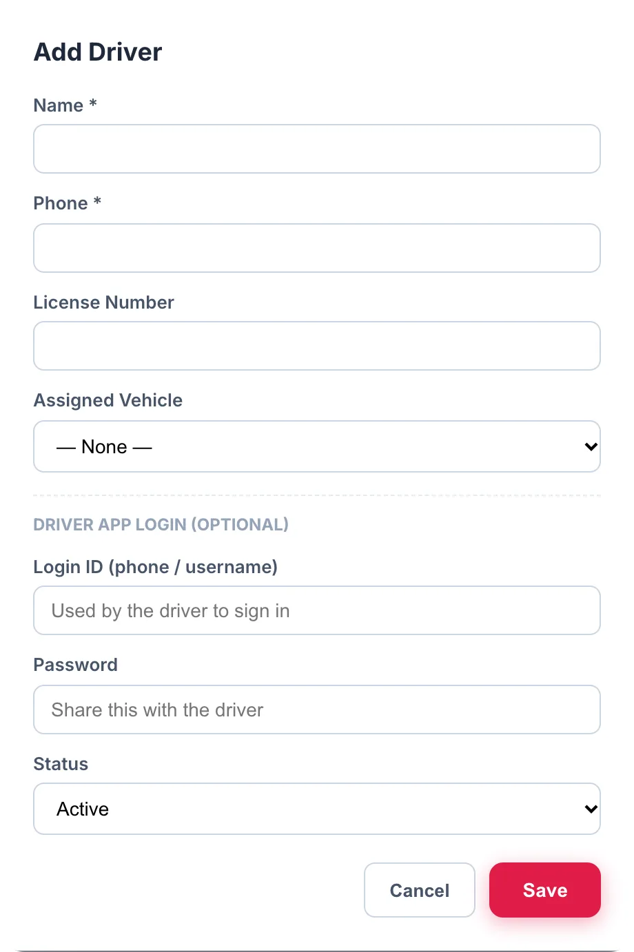 Add Driver dialog with name, phone, licence number, assigned vehicle and optional driver app login