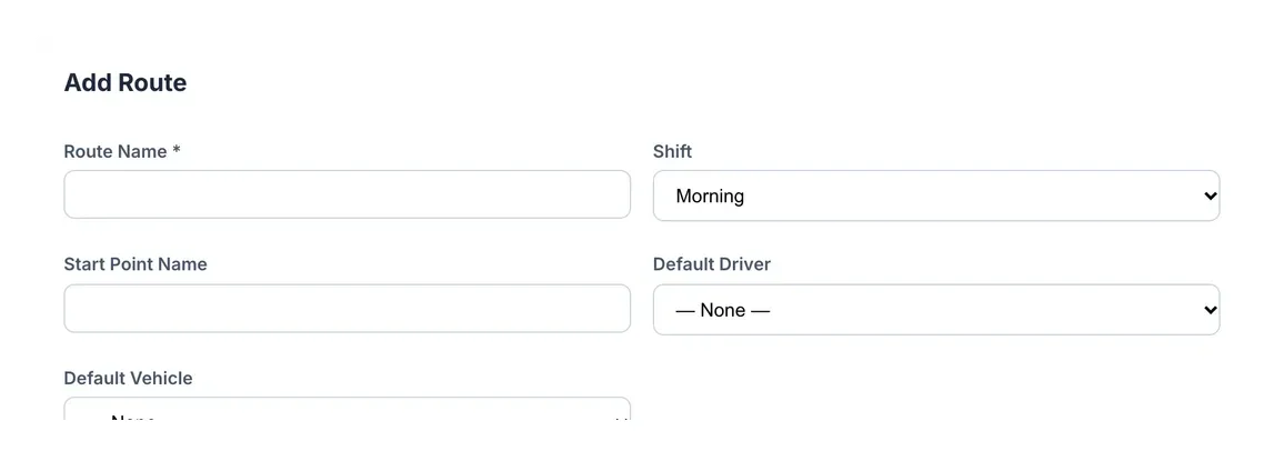 Add Route dialog with route name, shift, start point, default driver and default vehicle