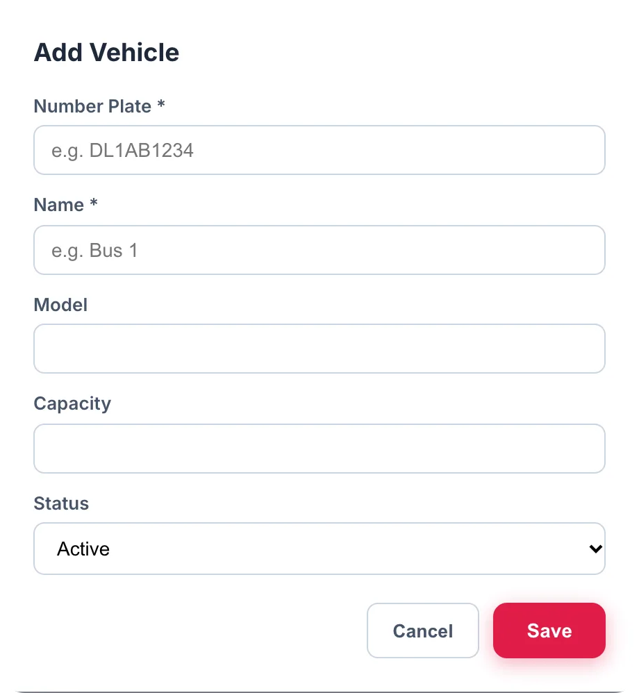 Add Vehicle dialog with number plate, name, model, capacity and status