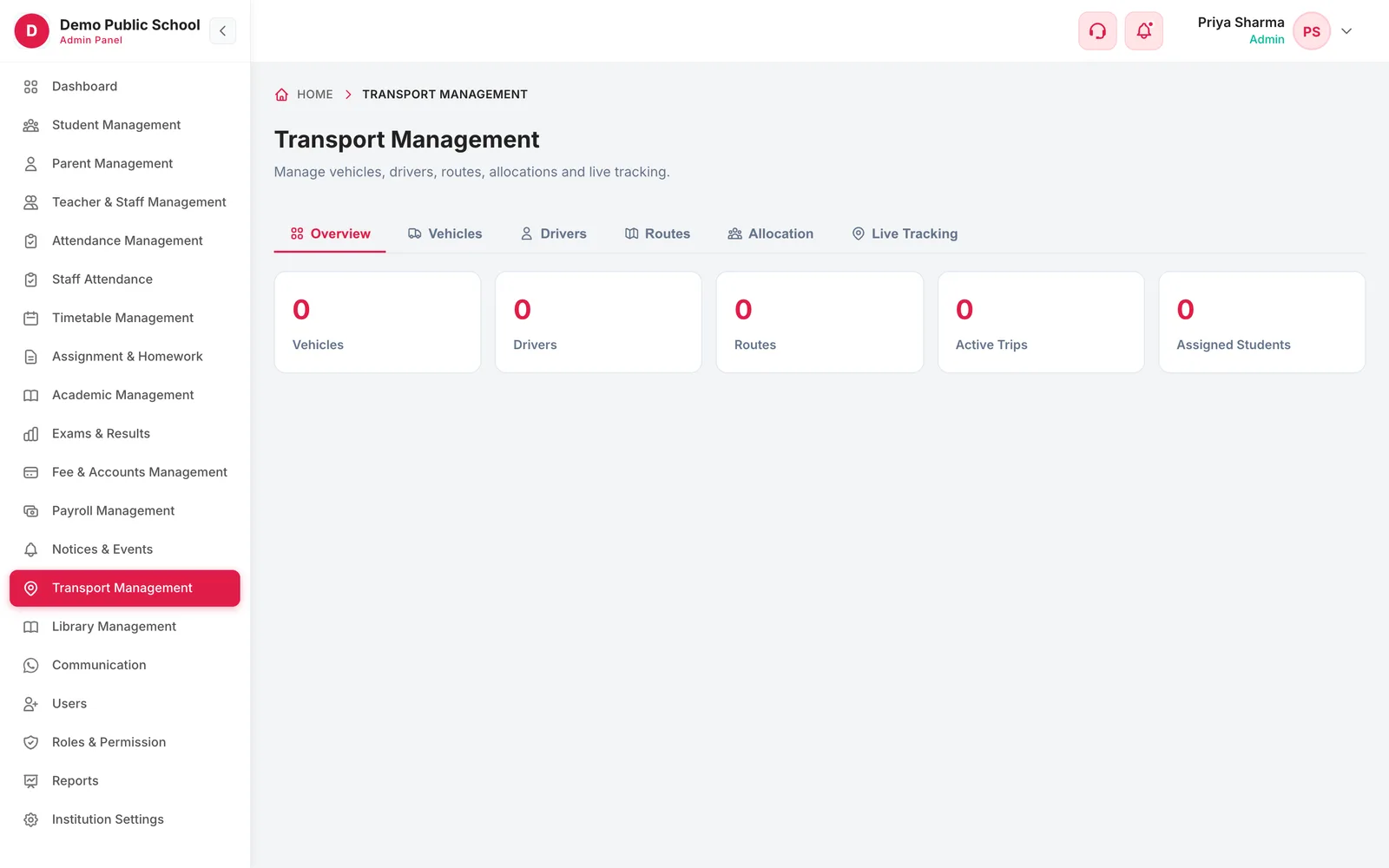 Transport Management overview with vehicles, drivers, routes, active trips and assigned students